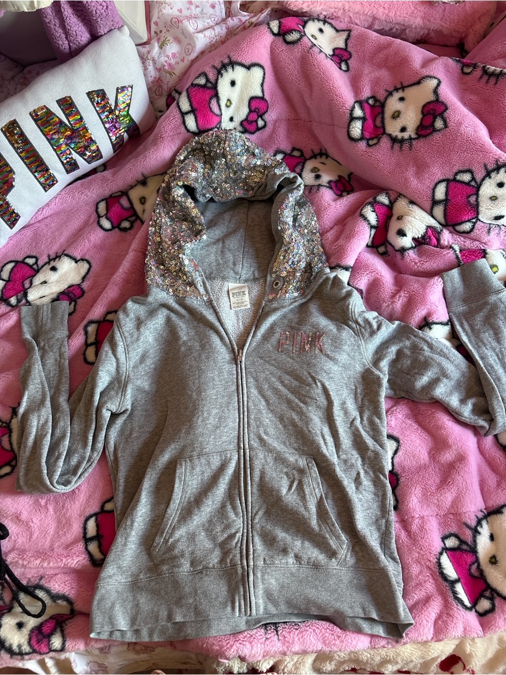 PINK Sequin Hoodie Size Medium Y2K Glam Zip Up